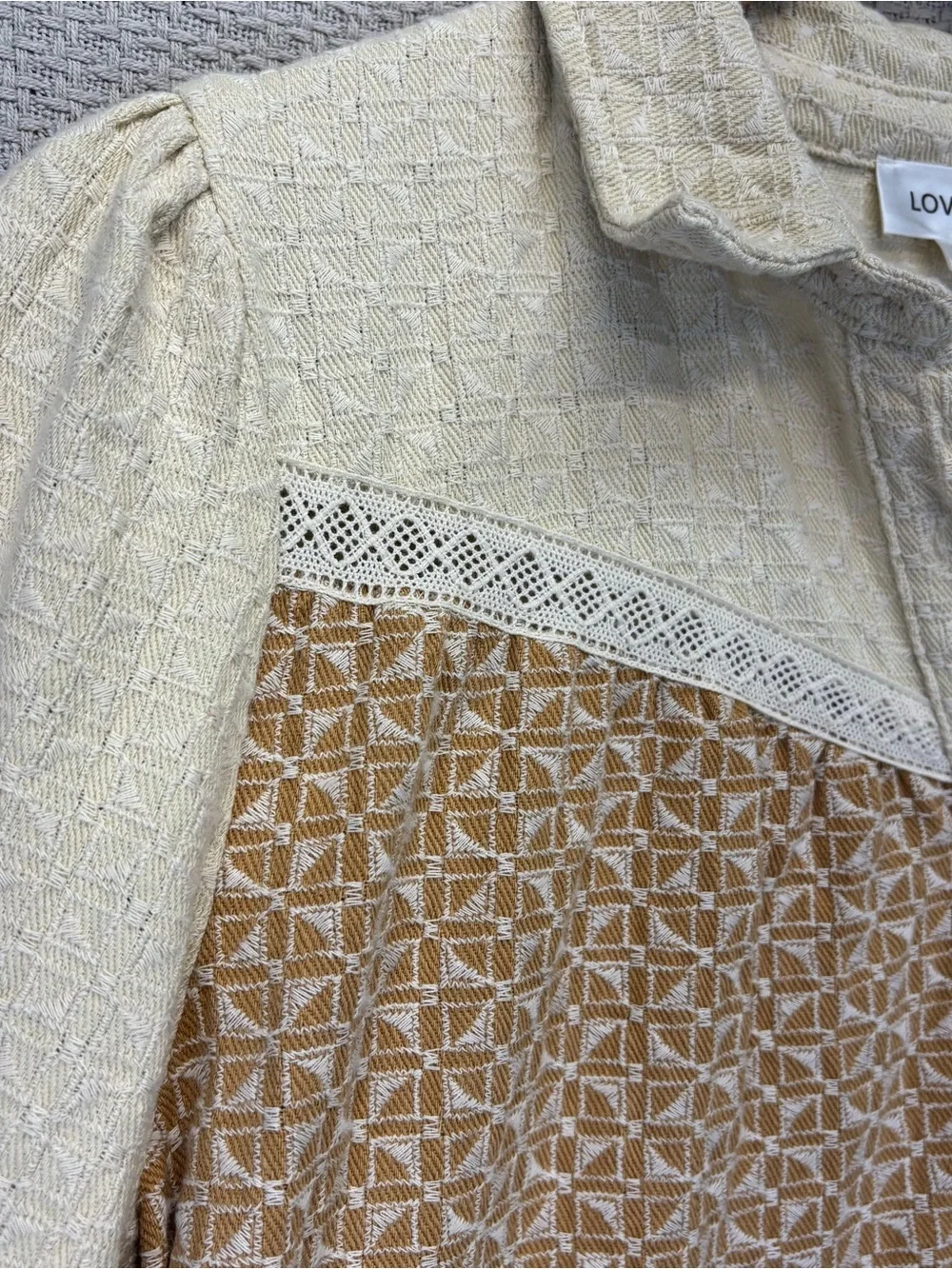 LOVELO Embroidered Color Block Collared Dress Cream Tan Med 100% Cotton Boho EUC